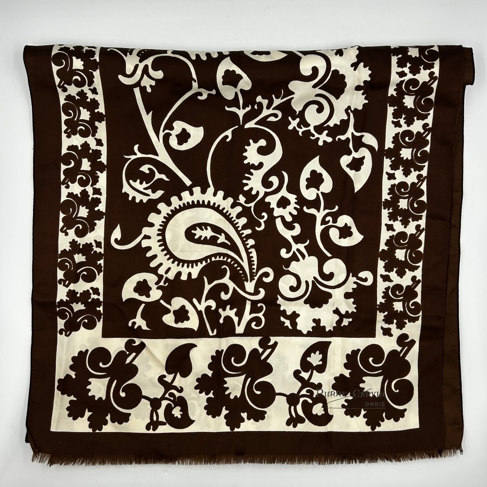 Pierre Carvin Scarf Brown Womens Paisley Floral Damask Fringe Paris 68x17 in